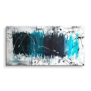 Abstraktes Wandbild auf Leinwand mit blauen, schwarzen und weißen Farbflächen, moderne Kunst