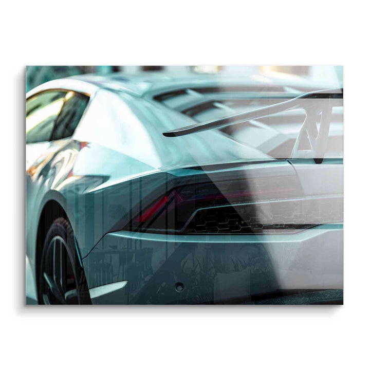 Modernes Wandbild mit Sportwagen Lamborghini Huracán von hinten auf Acrylglas, Autokunst