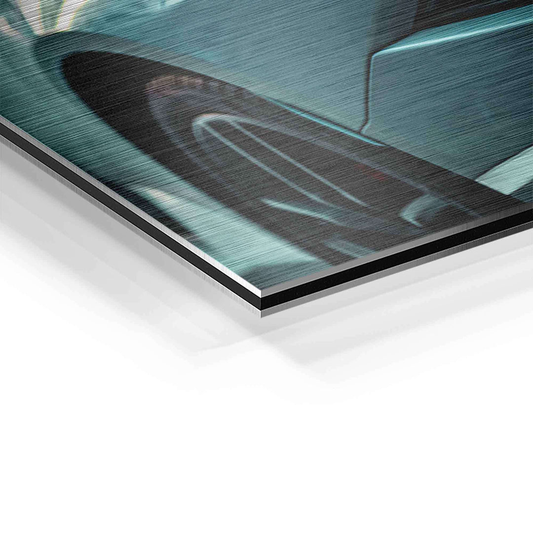 Detailaufnahme Wandbild Lamborghini Huracán Rückansicht auf gebürstetem Aluminium
