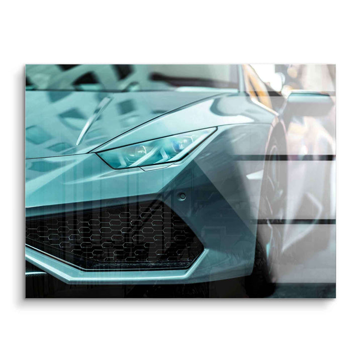 Modernes Wandbild mit sportlichem Auto, Lamborghini Huracan Front auf Acrylglas, Detailaufnahme