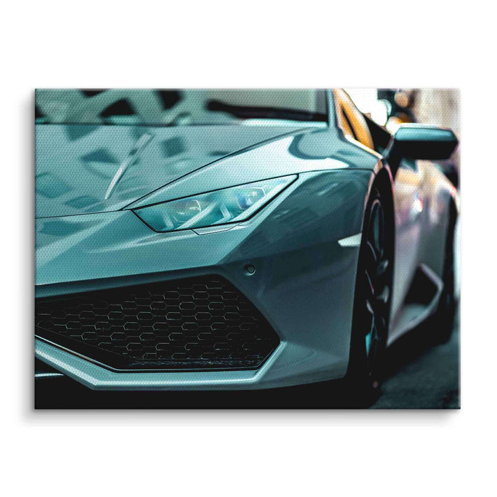 Wandbild mit modernem Sportwagen, Lamborghini Huracán, auf Leinwand, Nahaufnahme Frontansicht