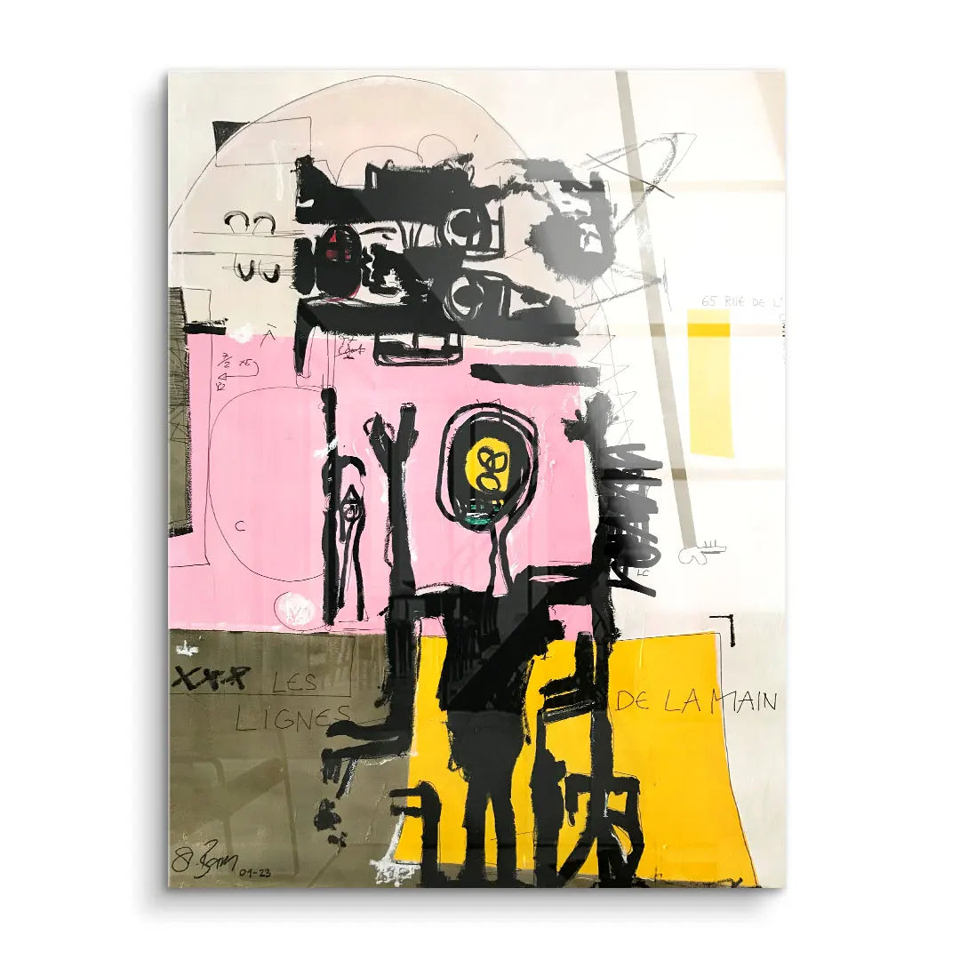 Abstraktes Wandbild mit Händen, Linien und gelb-rosa Farbakzenten, moderne Kunst.