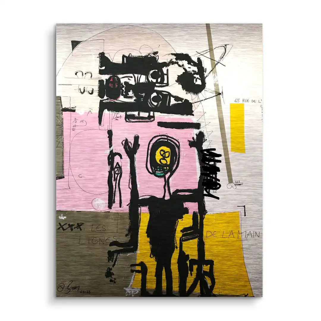 Abstraktes Wandbild mit schwarzen Linien, rosa und gelben Flächen, moderne Kunst auf Leinwand