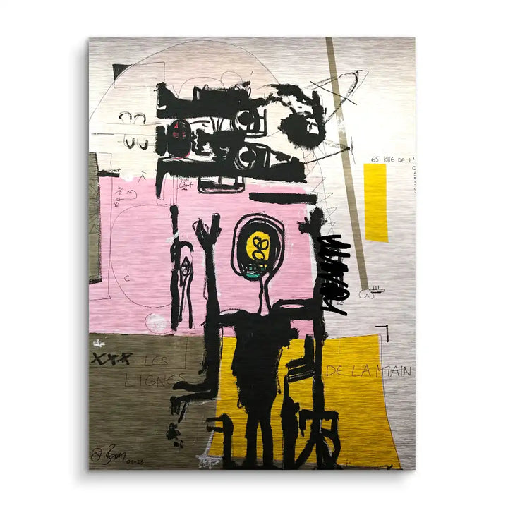 Abstraktes Wandbild mit schwarzen Linien, rosa und gelben Flächen, moderne Kunst auf Leinwand