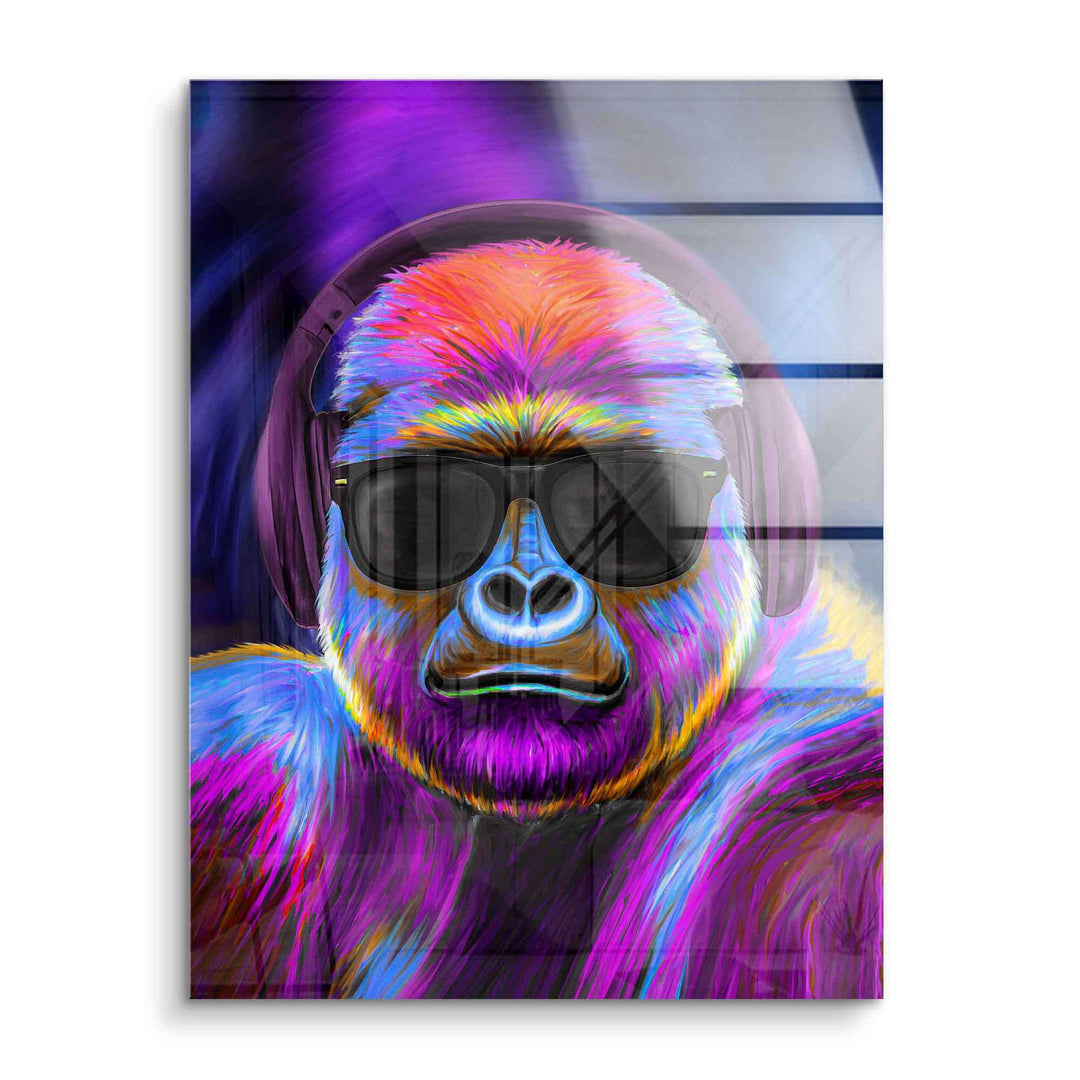 Modernes Wandbild: Lila Gorilla mit Sonnenbrille und Kopfhörern, bunte Acrylkunst