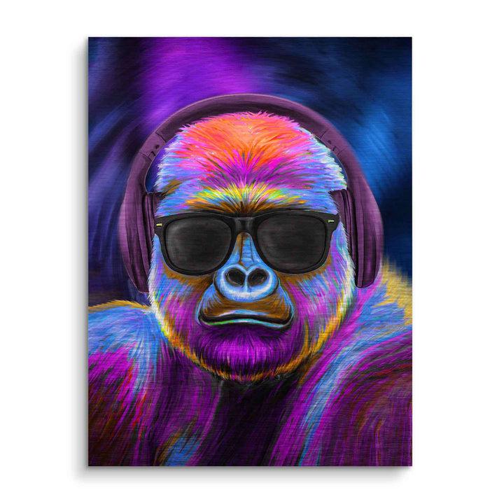Modernes Wandbild mit lila Gorilla, Sonnenbrille und Kopfhörern im Pop Art Stil