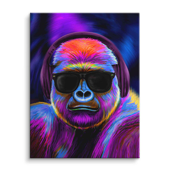 Pop Art Wandbild lila Gorilla mit Kopfhörern und Sonnenbrille auf Leinwand