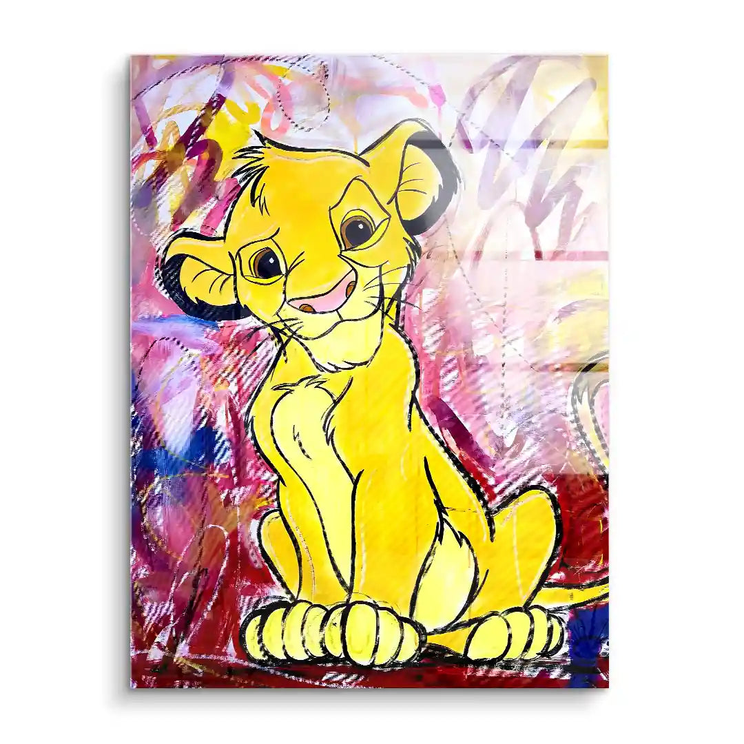 Wandbild mit jungem Löwen auf buntem, abstraktem Hintergrund, Acrylglas-Kunst