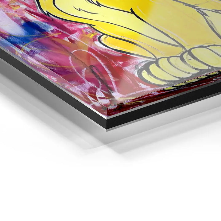 Acrylglas Wandbild Detailaufnahme mit Löwenmotiv in gelb auf kunterbuntem Hintergrund