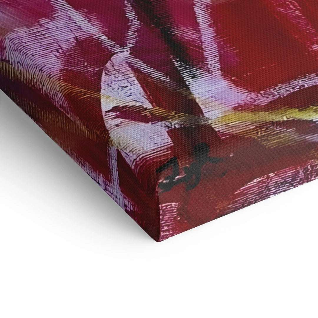 Detailaufnahme einer modernen Leinwand mit abstraktem, roten und weißen Kunstmotiv