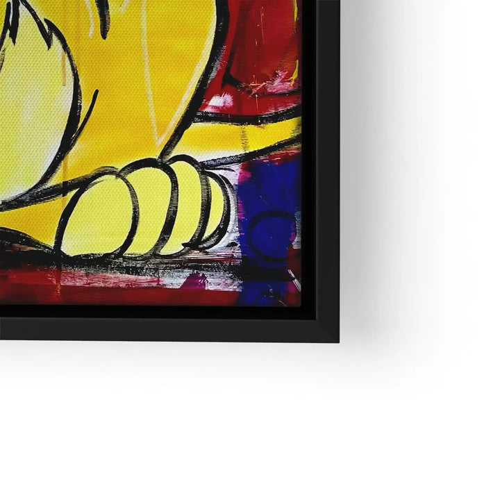 Modernes Wandbild mit gelbem Löwen im Comic-Stil auf buntem Hintergrund, schwarzer Rahmen