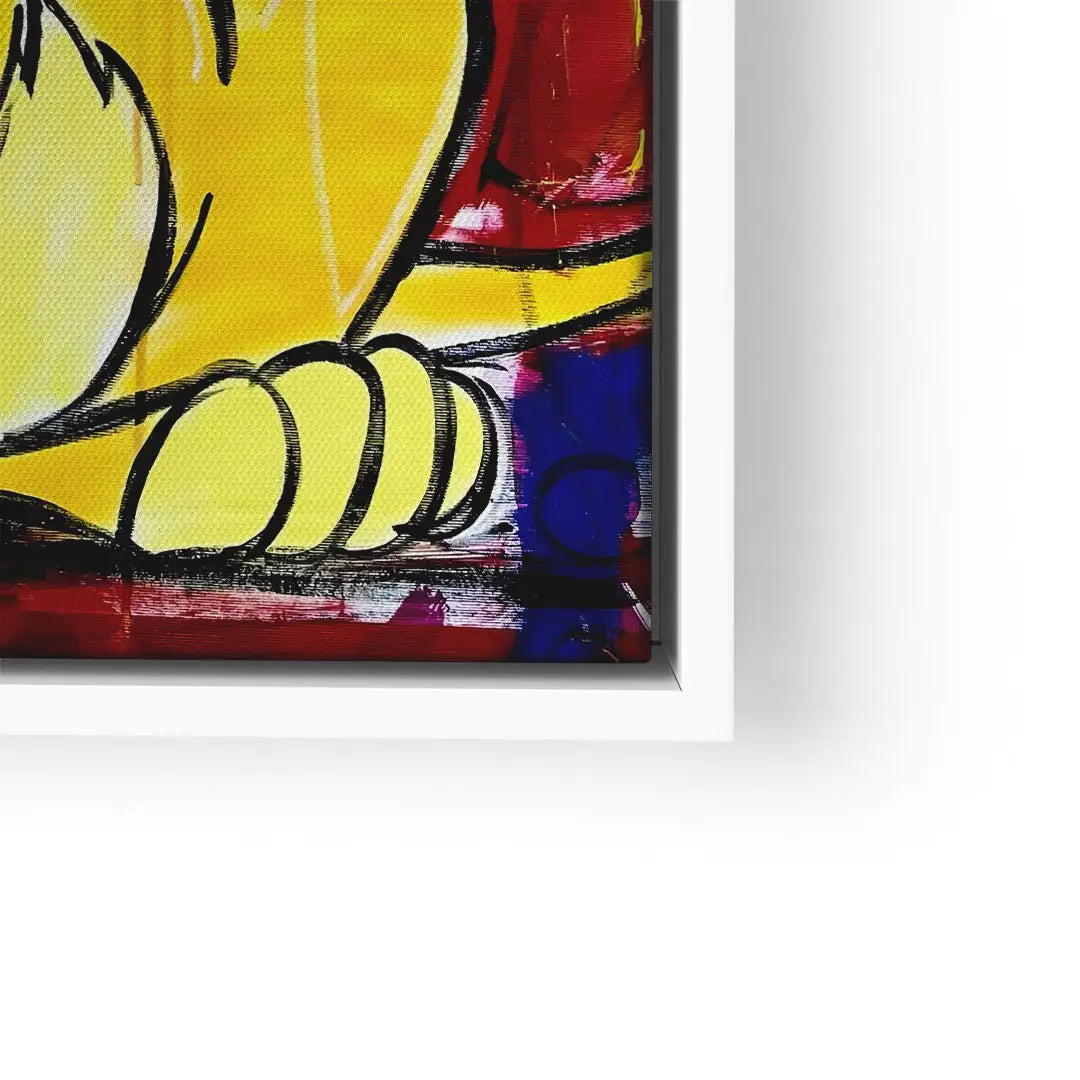 Wandbild Löwe modern gelb auf Leinwand, buntes abstraktes Kunstmotiv im Rahmen