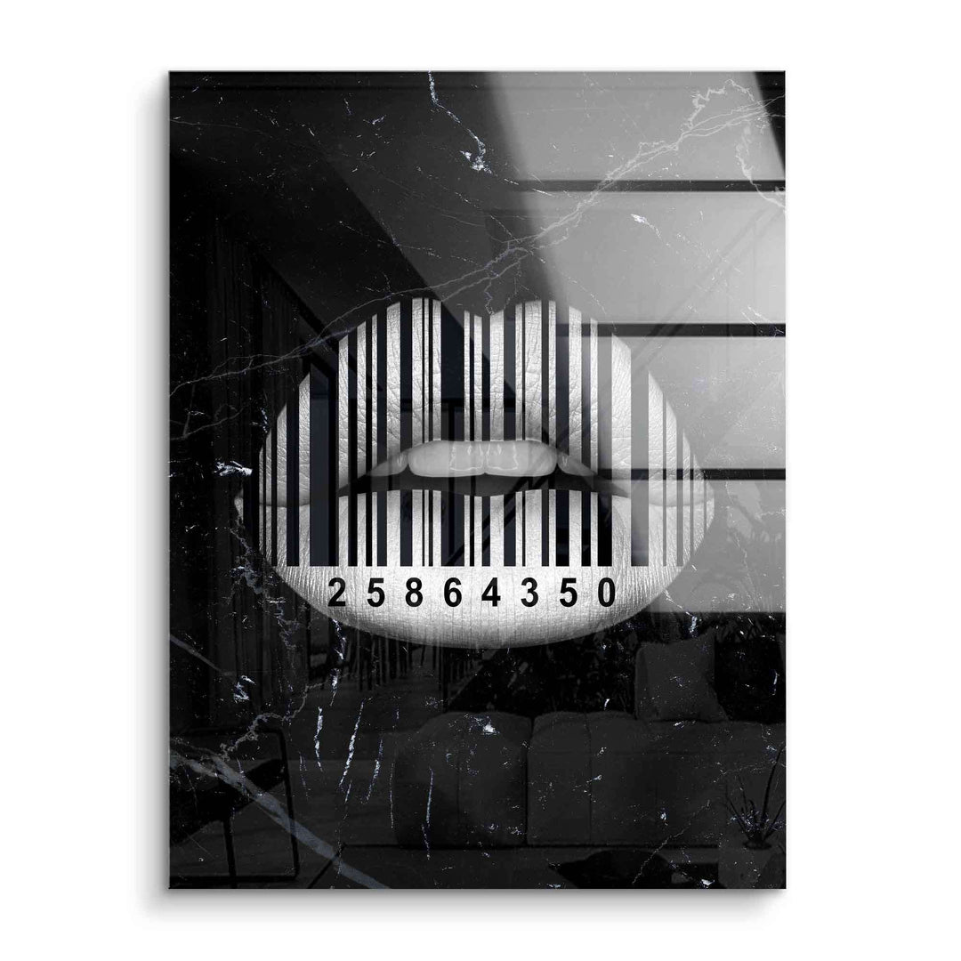 Modernes Wandbild in Schwarz-Weiß mit Lippen und Barcode auf Acrylglas, Pop Art Stil