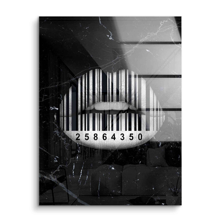 Modernes Wandbild in Schwarz-Weiß mit Lippen und Barcode auf Acrylglas, Pop Art Stil