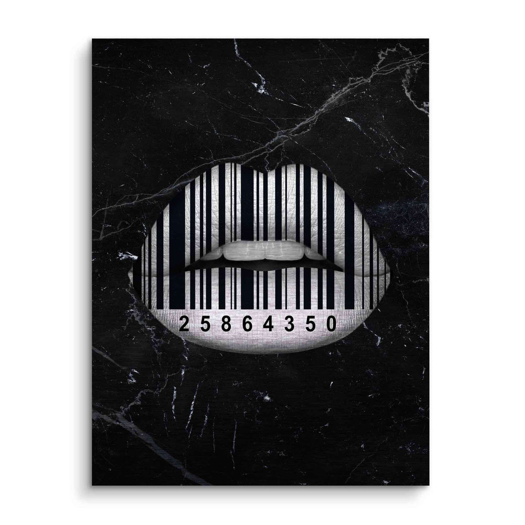 Modernes Wandbild mit silbernen Lippen und Barcode auf schwarzem Marmor-Hintergrund