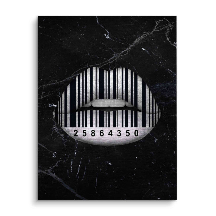 Modernes Wandbild mit silbernen Lippen und Barcode auf schwarzem Marmor-Hintergrund