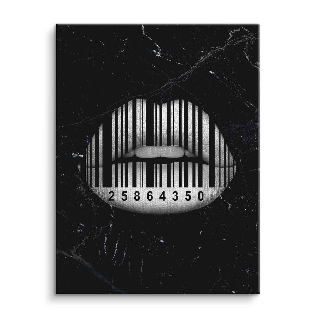 Schwarz-weiß Wandbild mit Lippen und Barcode, modernes Pop Art Motiv auf schwarzem Hintergrund