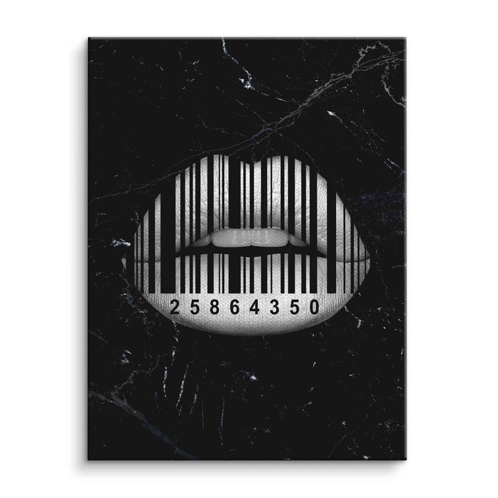 Schwarz-weiß Wandbild mit Lippen und Barcode, modernes Pop Art Motiv auf schwarzem Hintergrund