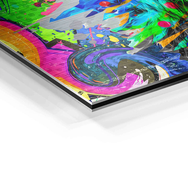 Detailaufnahme eines modernen, bunten Wandbilds mit abstrakten Farben auf Aluminium