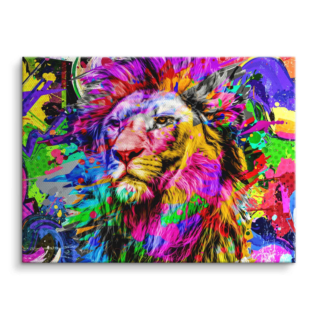Modernes Wandbild eines Löwen im bunten Pop Art Stil, leuchtende Farben auf Leinwand
