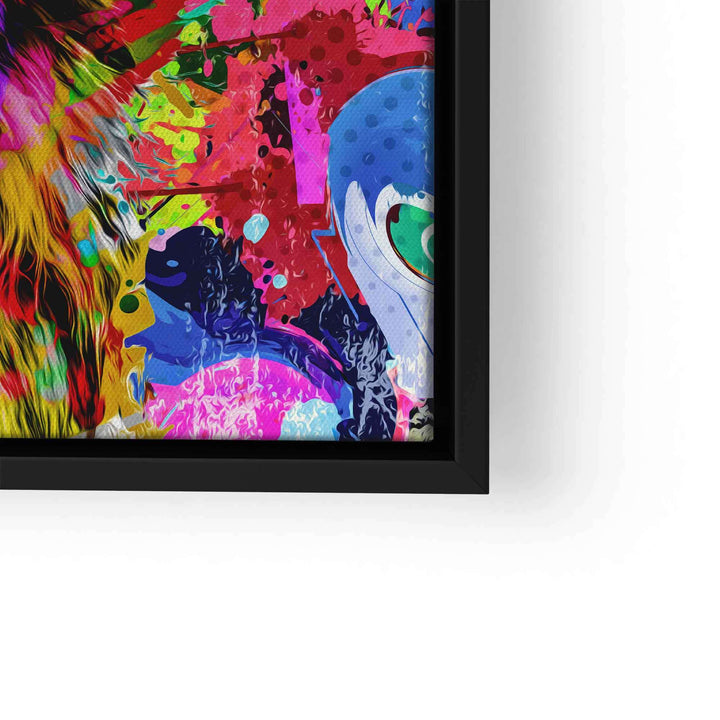 Buntes Wandbild mit Löwenmotiv im modernen Pop Art Stil, abstrakte Farben auf Leinwand