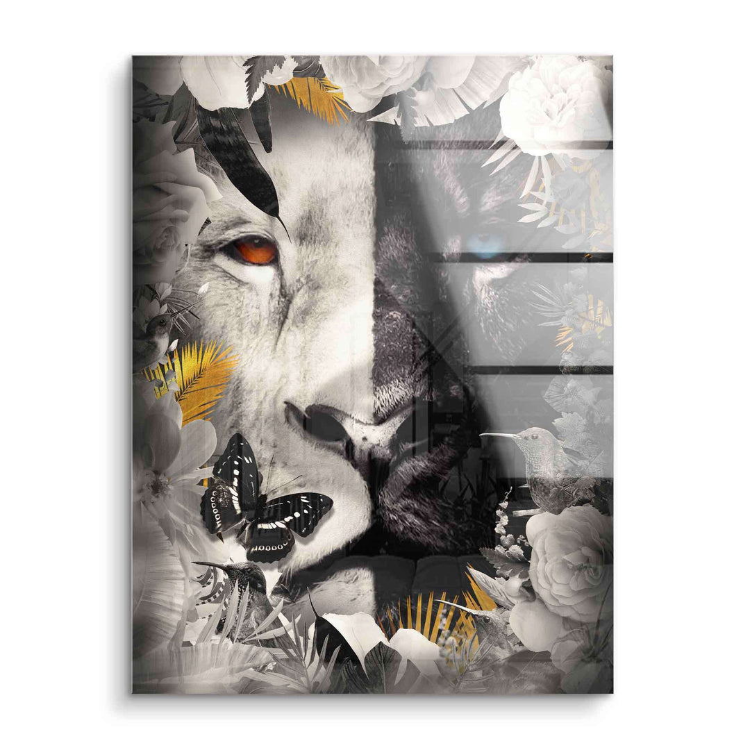 Modernes Wandbild mit Löwengesicht, Schmetterlingen und floralen Elementen in Schwarzweiß