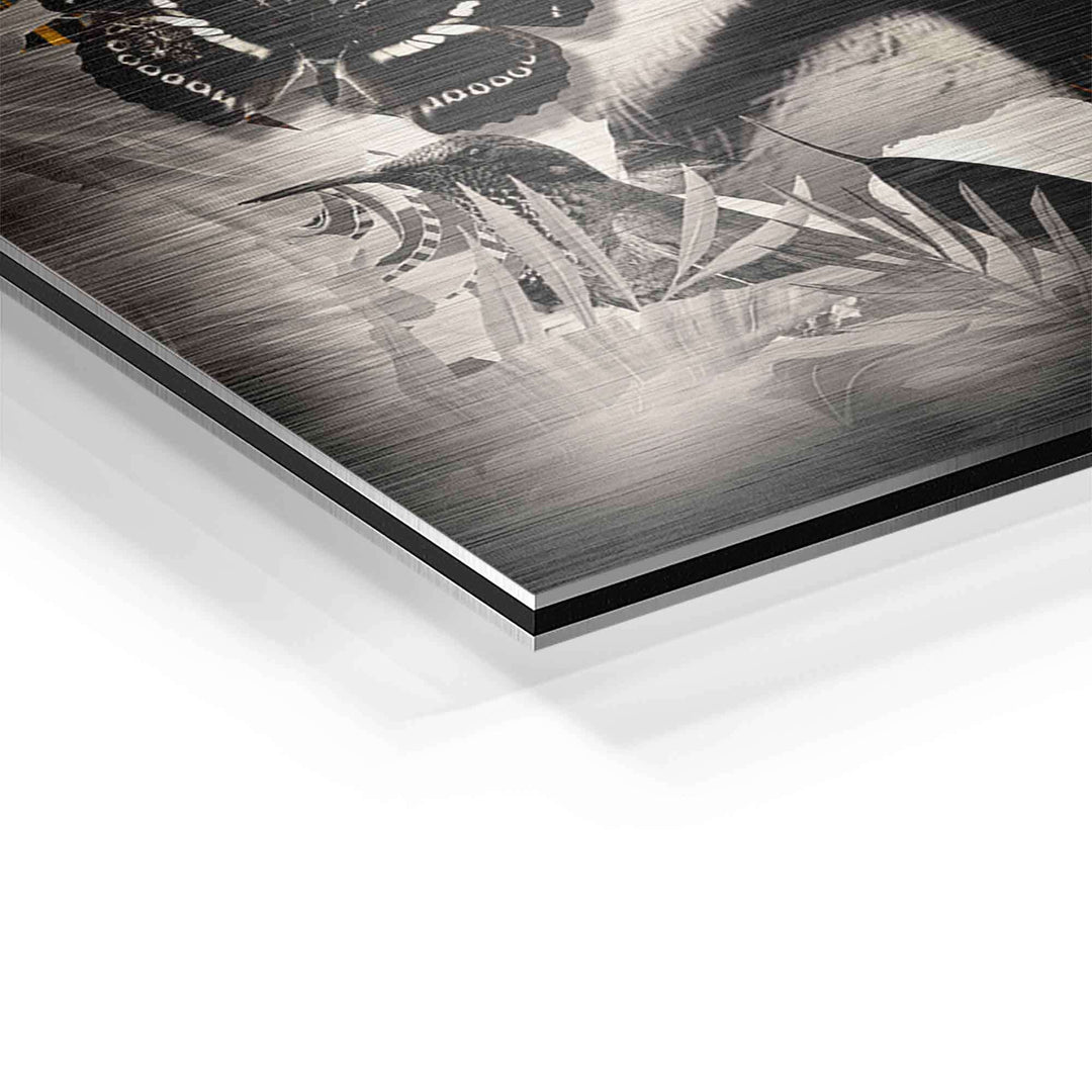 Detailansicht Wandbild Löwe mit Schmetterlingen, gebürstetes Aluminium, moderne Kunst