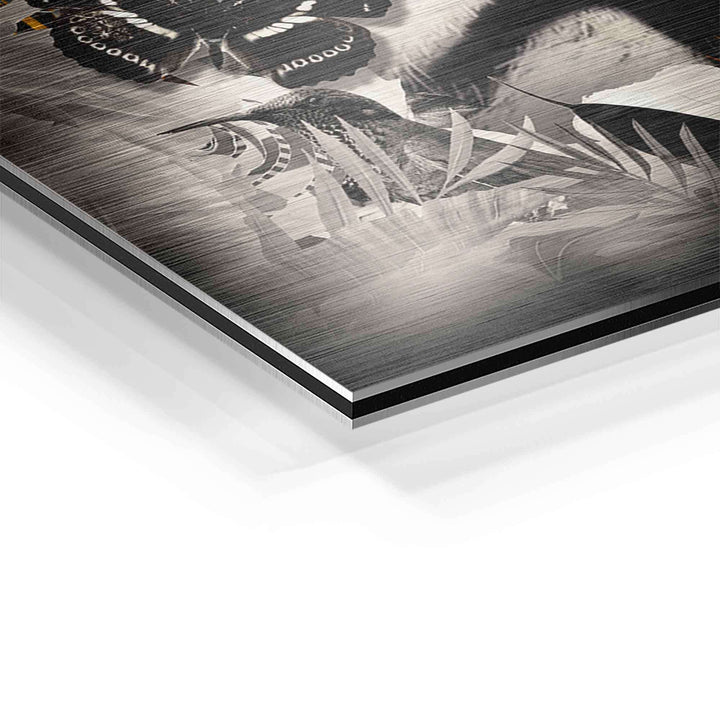 Detailansicht Wandbild Löwe mit Schmetterlingen, gebürstetes Aluminium, moderne Kunst