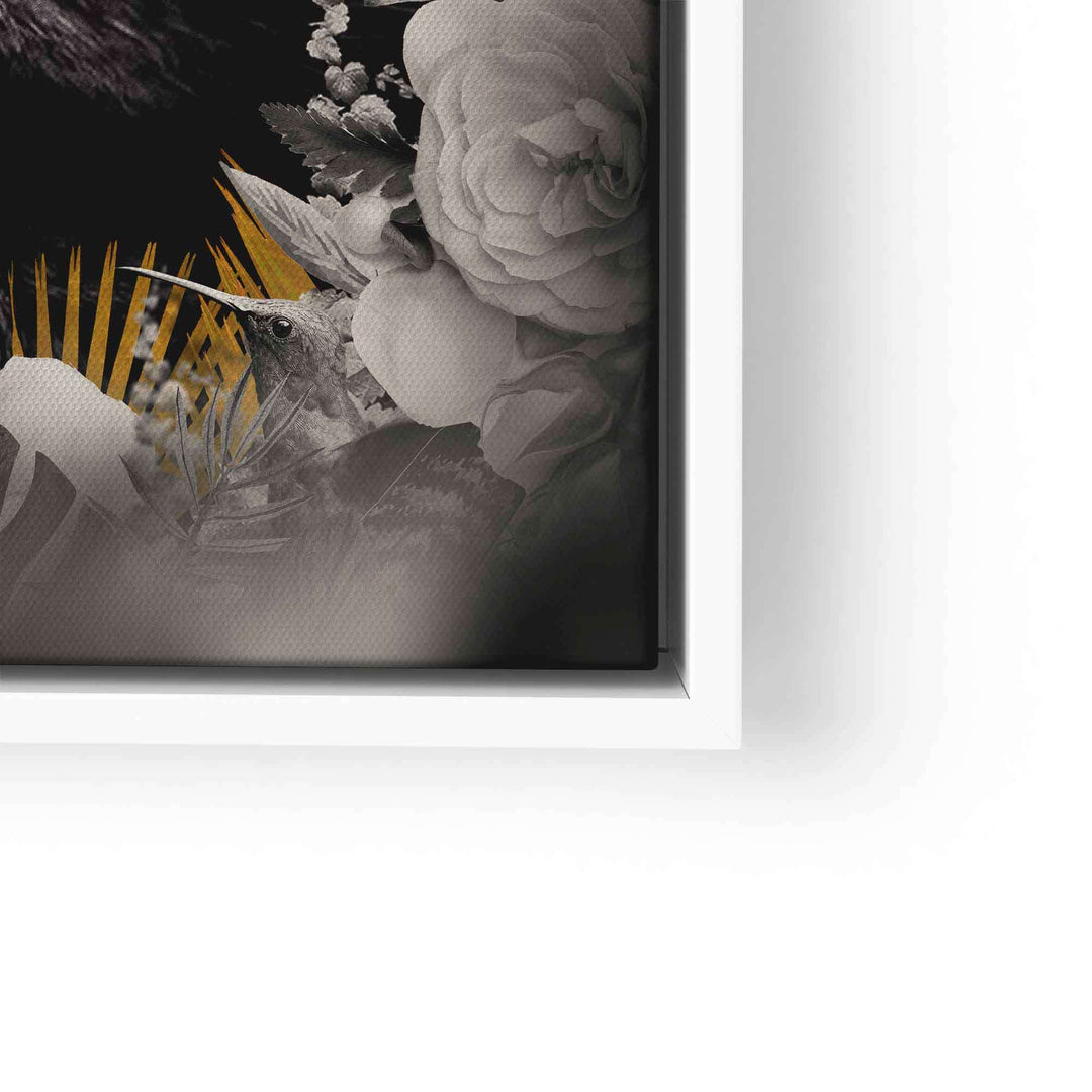 Detail eines Wandbilds mit Kolibri, Blumen und goldenen Blättern im modernen Kunststil