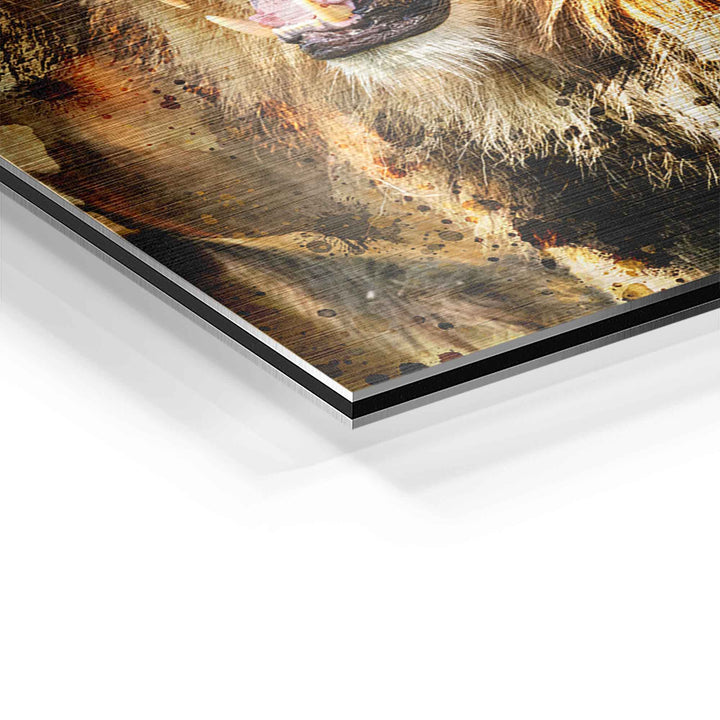 Detailaufnahme Wandbild Löwe auf Aluminium mit gebürsteter Optik, modernes Tiermotiv