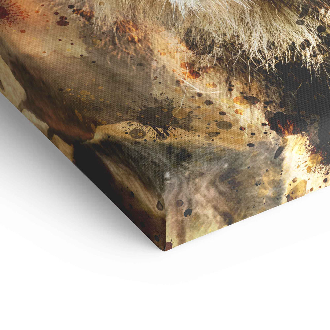 Detail eines Löwen-Wandbilds auf Leinwand mit braunen Farbspritzern