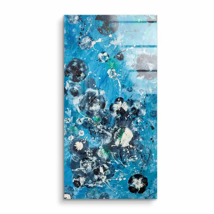 Abstraktes Acryl Wandbild mit Löwenzahn-Motiv auf blauem Hintergrund, moderne Kunst