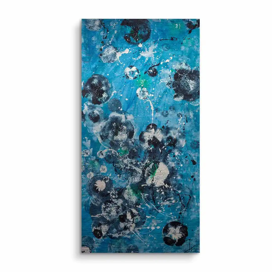 Abstraktes Wandbild mit Löwenzahn-Motiv in Blau und Schwarz auf Leinwand, moderne Kunst