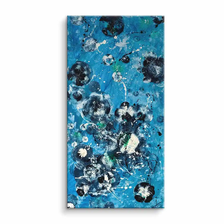Abstraktes Wandbild mit Löwenzahn-Motiven in Blau, modern, auf Leinwand gedruckt.
