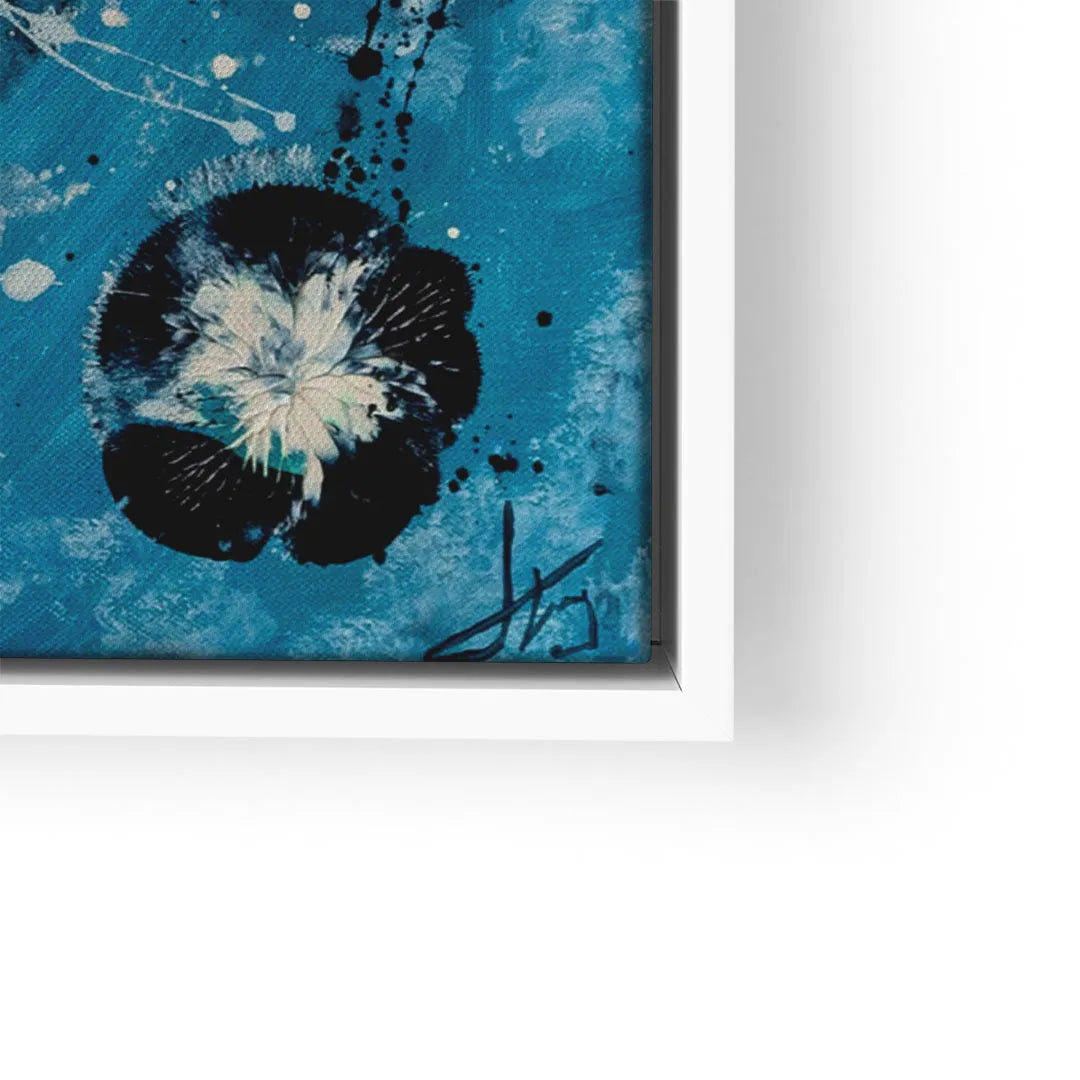 Modernes Wandbild mit abstraktem Löwenzahn-Motiv auf blauem Hintergrund, Kunst im Rahmen