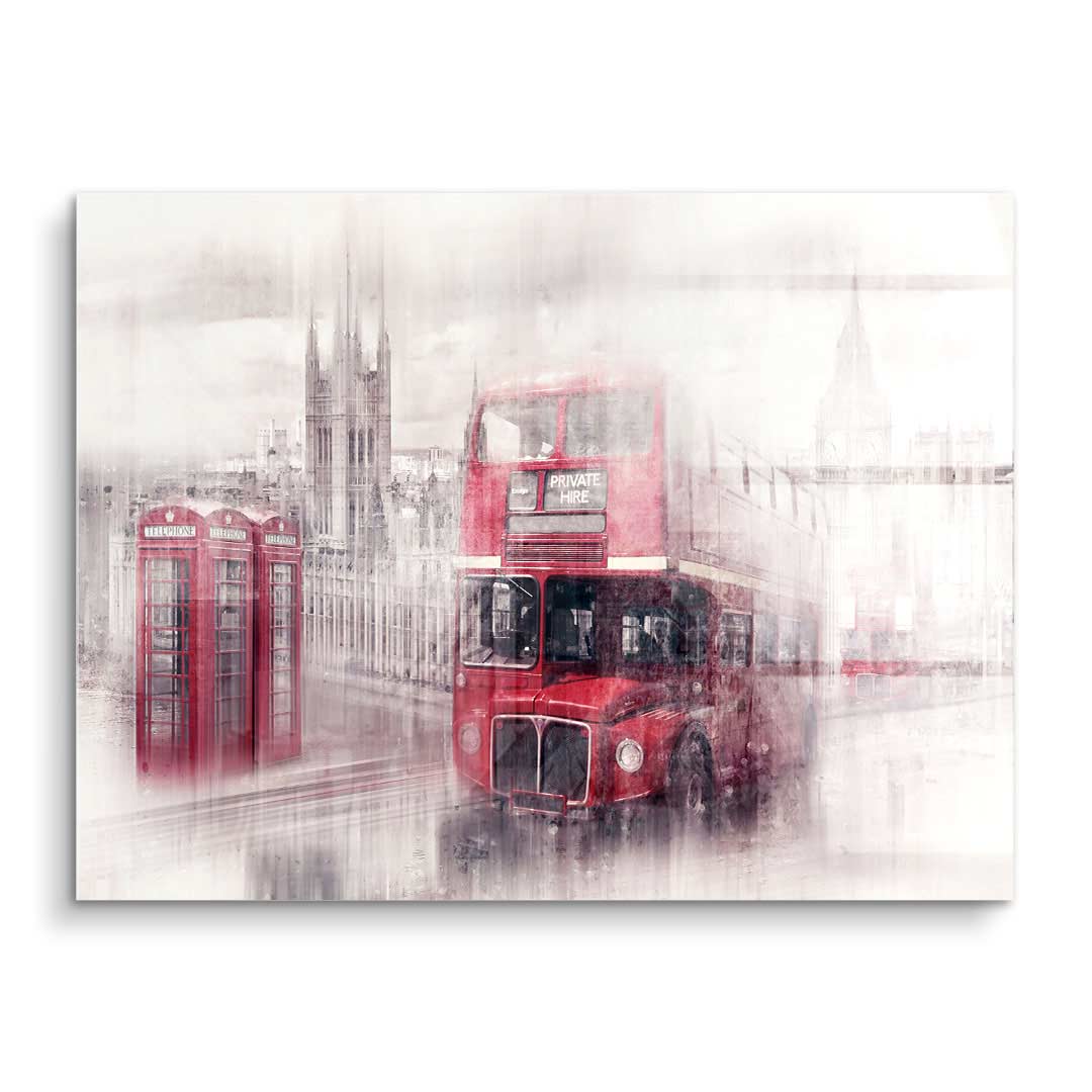 Wandbild mit rotem London Doppeldeckerbus, Telefonzellen und Stadtsilhouette in Kunststil