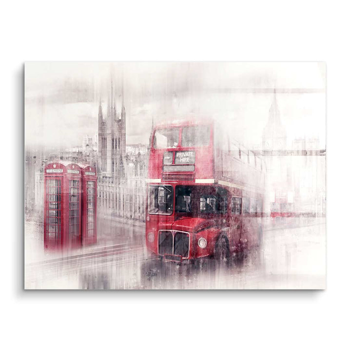 Wandbild mit rotem London Doppeldeckerbus, Telefonzellen und Stadtsilhouette in Kunststil