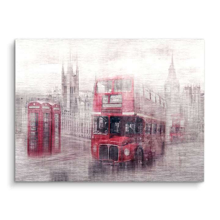Rotes London-Bus Wandbild mit Telefonzellen und Big Ben, Kunstmotiv für moderne Wohnräume