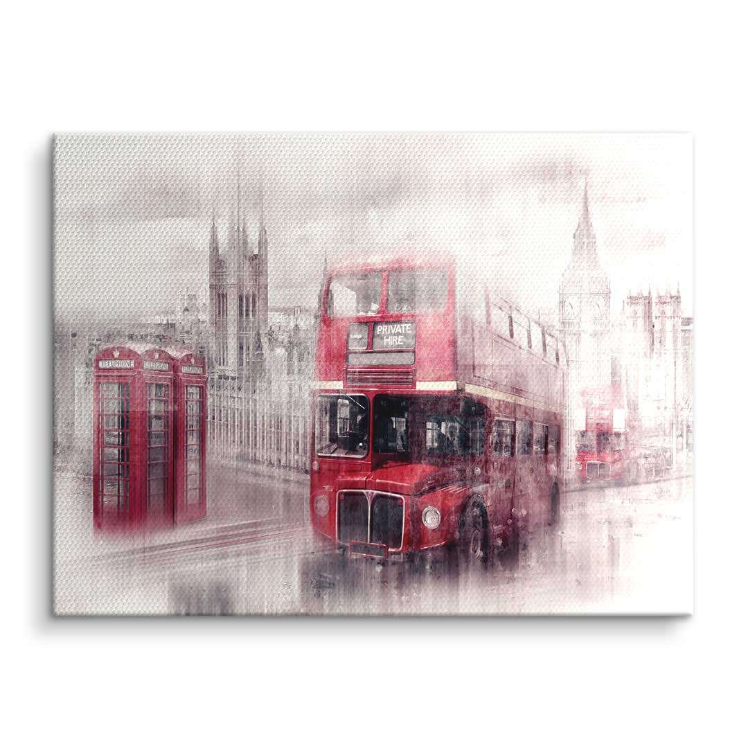 London Wandbild mit rotem Doppeldeckerbus, Telefonzellen und Big Ben, modernes Kunstmotiv