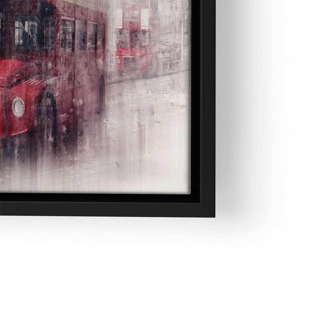 Modernes Wandbild mit rotem London Bus im Regen, Kunstdruck auf Leinwand im schwarzen Rahmen