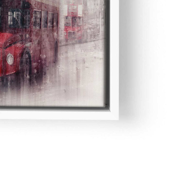 Modernes Wandbild mit rotem London Bus im Regen, Kunst auf Leinwand, Stadtmotiv