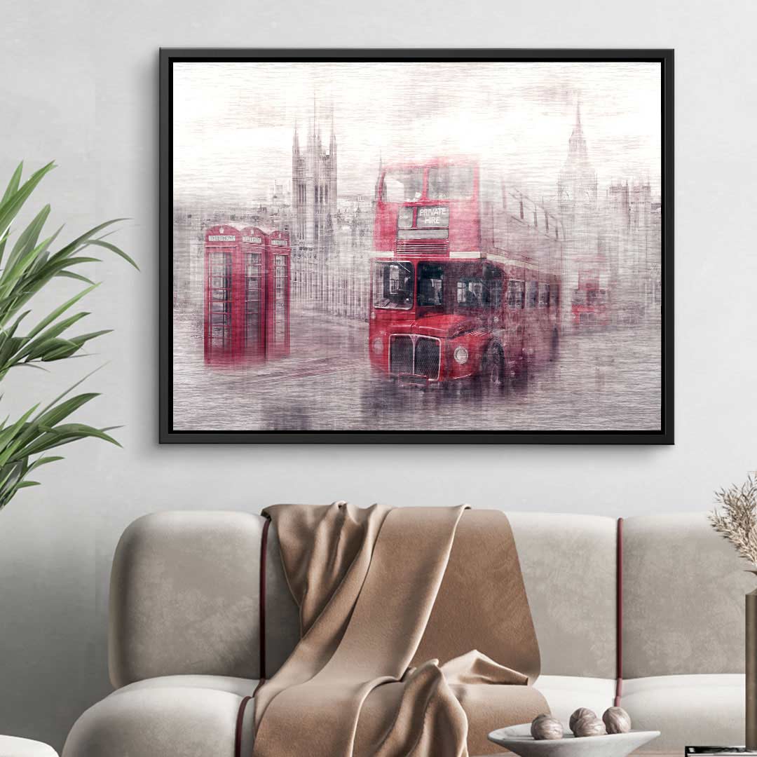 Wandbild mit rotem London Doppeldeckerbus, Telefonzellen und Big Ben in künstlerischem Stil