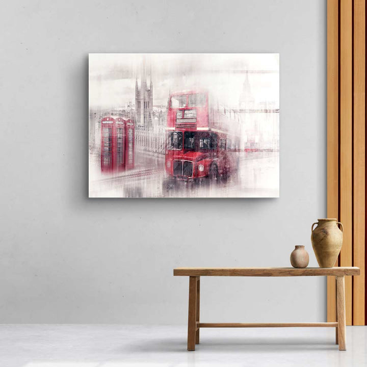 Wandbild mit rotem London Doppeldeckerbus und Telefonzellen, moderne Kunst für Wohnzimmer