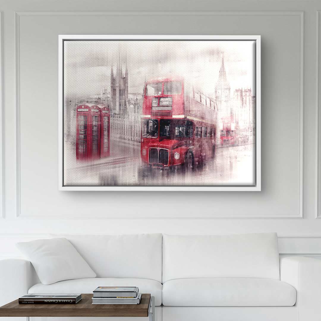 Wandbild mit rotem Doppeldeckerbus und Telefonzelle in London, moderne Kunstdruck
