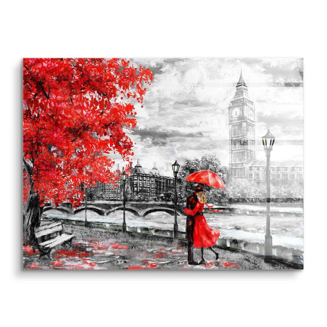 Wandbild London mit Big Ben, Frau im roten Mantel und rotem Schirm, herbstliche Szene