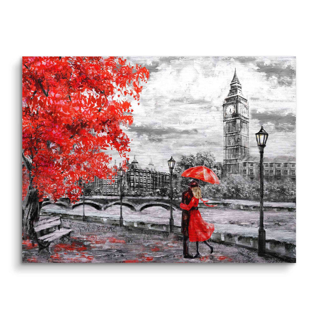 Romantisches Wandbild London mit Paar unter rotem Regenschirm, Big Ben im Hintergrund, rote Bäume
