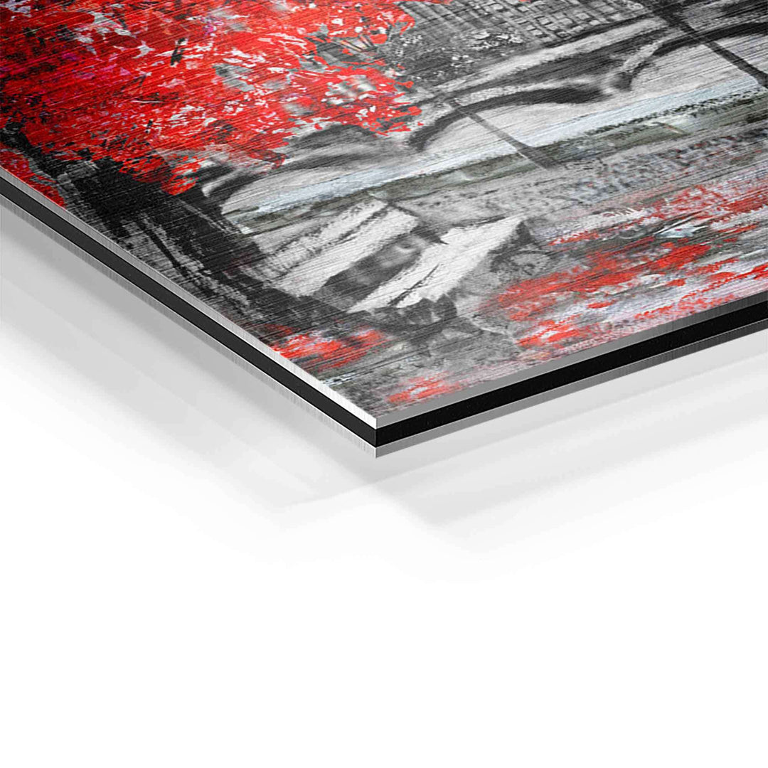 Detailaufnahme Wandbild London, Frau mit Schirm, rote Akzente, moderne Kunst auf Aluminium