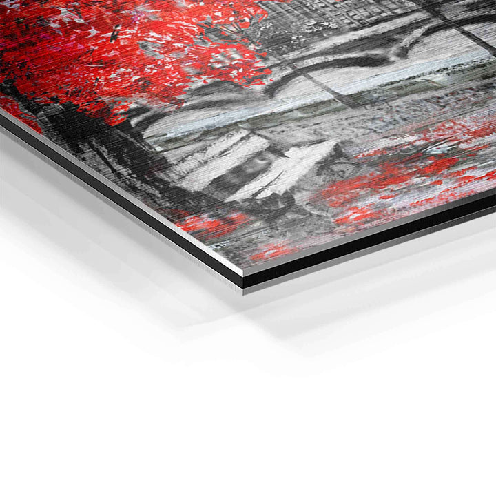 Detailaufnahme Wandbild London, Frau mit Schirm, rote Akzente, moderne Kunst auf Aluminium
