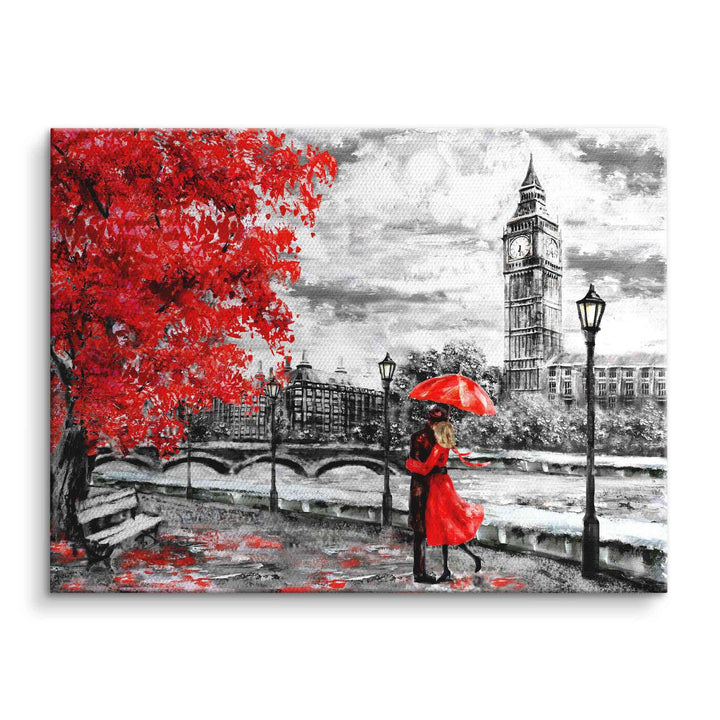 Wandbild London mit Big Ben, Frau im roten Mantel und Schirm, romantische Stadtszene