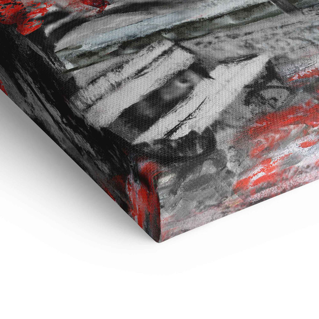 Detailansicht eines modernen London Wandbilds auf Leinwand mit abstrakten Schwarz-, Grau- und Rottönen